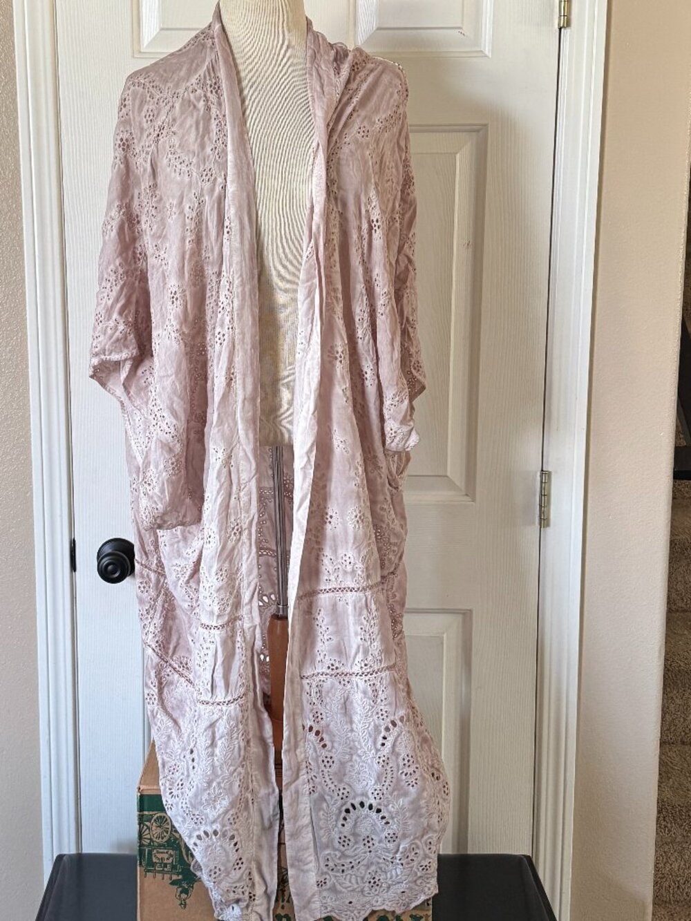YFB Young Fabulous & Broke Long Kimono Keiko Eyelet Beige OS